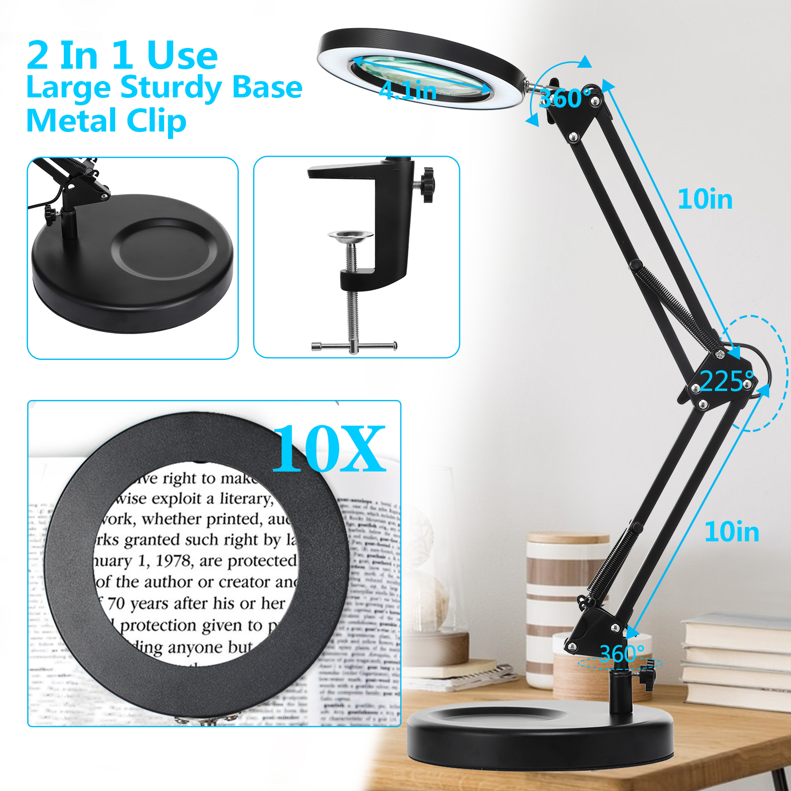 KIRKAS Magnifying Glass with Light and Stand, 10X Real Glass 2-in-1 Desk  Lamp & Clamp, 3 Color Modes Stepless Dimmable, LED Lighted Magnifier with  Light for Hobby Reading Crafts Repair Close Works 